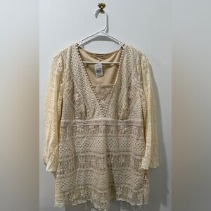 indigo soul Cream Crochet Lace V-Neck Blouse